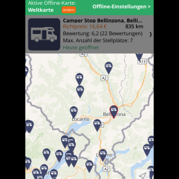 Stellplätze finden - Die Suche nach Orten und die Umgebungssuche zeigen die markierten Stellplätze auf einer übersichtlichen Karte