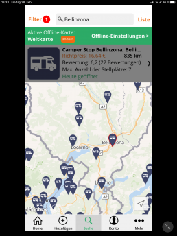 Stellplätze finden - Die Suche nach Orten und die Umgebungssuche zeigen die markierten Stellplätze auf einer übersichtlichen Karte